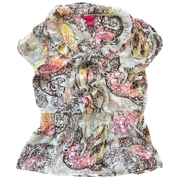 Sunny Leigh Y2K Sheer Crinkle Chiffon Ruffle Peplum Top Paisley Cream Multi PL - Picture 8 of 10